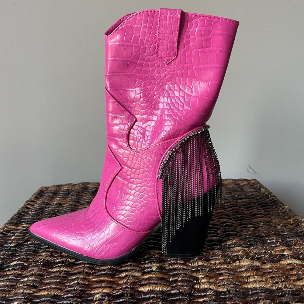 Pink Croc-Embossed Western Boots with Fringe